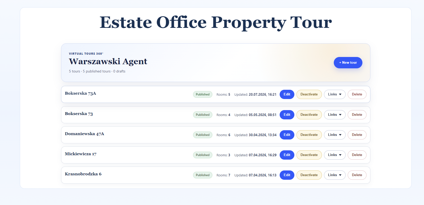 Lista opublikowanych spacerów w Estate Office Property Tour