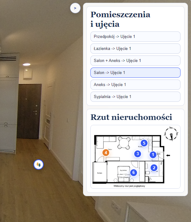 Lista pomieszczeń i interaktywny rzut w gotowym spacerze